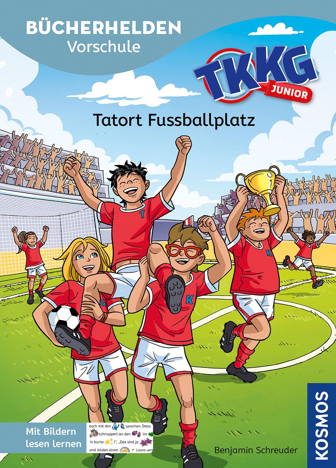 Vorderes Coverbild TKKG Junior, Bücherhelden Erstes Lesen, Tatort Fußballplatz