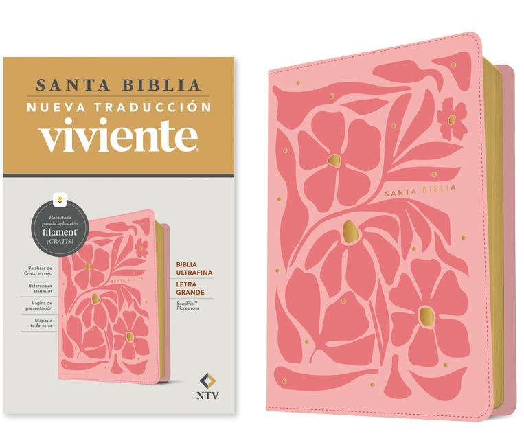 Vorderes Coverbild Biblia Ultrafina Ntv, Letra Grande Con Filament (Sentipiel, Flores Rosa, Letra Roja)