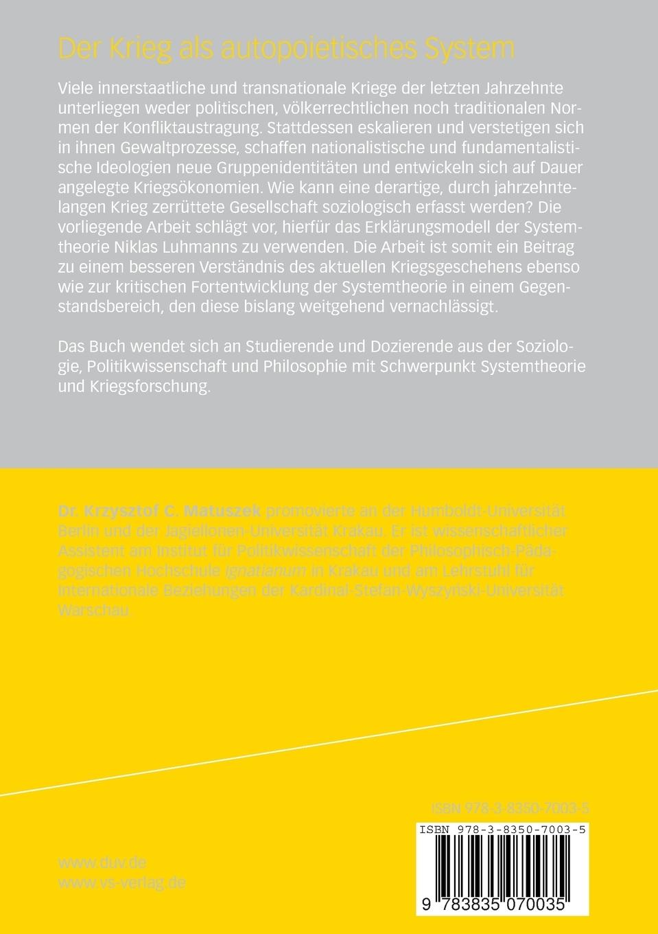 Rückseitencover Der Krieg als autopoietisches System