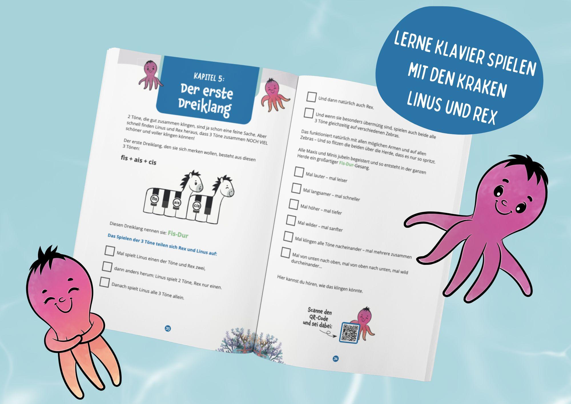 Beispielinhalt (Bild) Musikspaß! Klavier lernen für Kinder mit den lustigen Kraken Linus & Rex