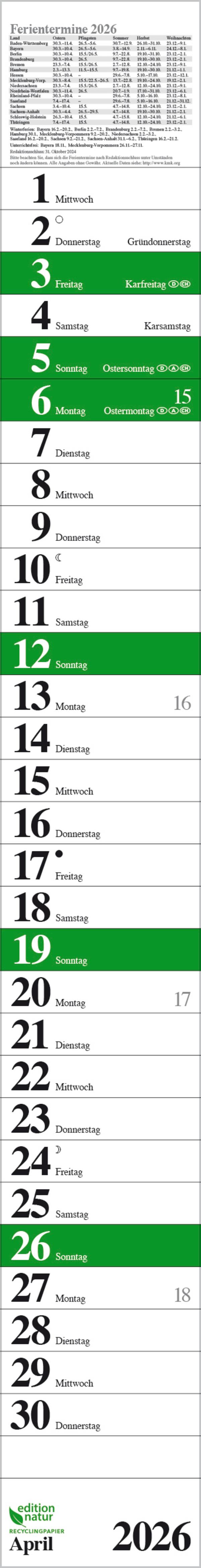 Beispielinhalt (Bild) Streifenplaner Praktika Grün Recyclingpapier 2026