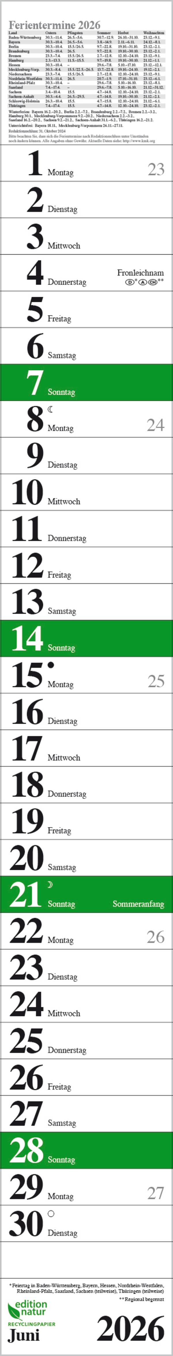 Beispielinhalt (Bild) Streifenplaner Praktika Grün Recyclingpapier 2026