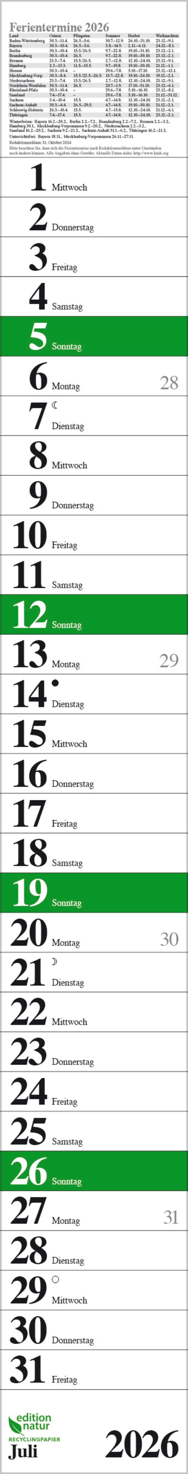 Beispielinhalt (Bild) Streifenplaner Praktika Grün Recyclingpapier 2026