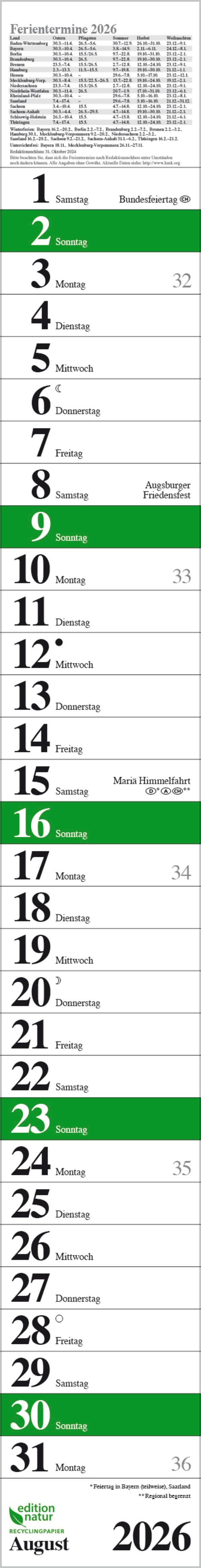 Beispielinhalt (Bild) Streifenplaner Praktika Grün Recyclingpapier 2026