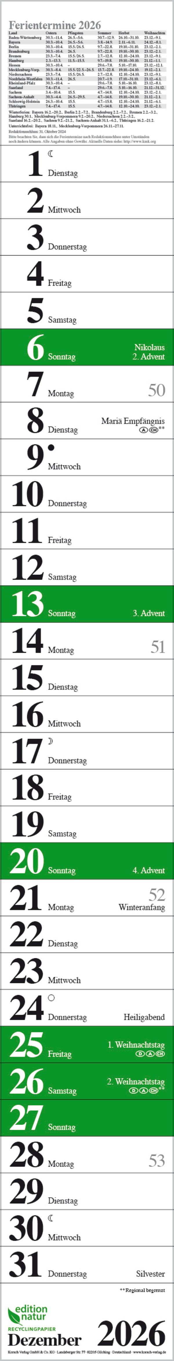 Beispielinhalt (Bild) Streifenplaner Praktika Grün Recyclingpapier 2026