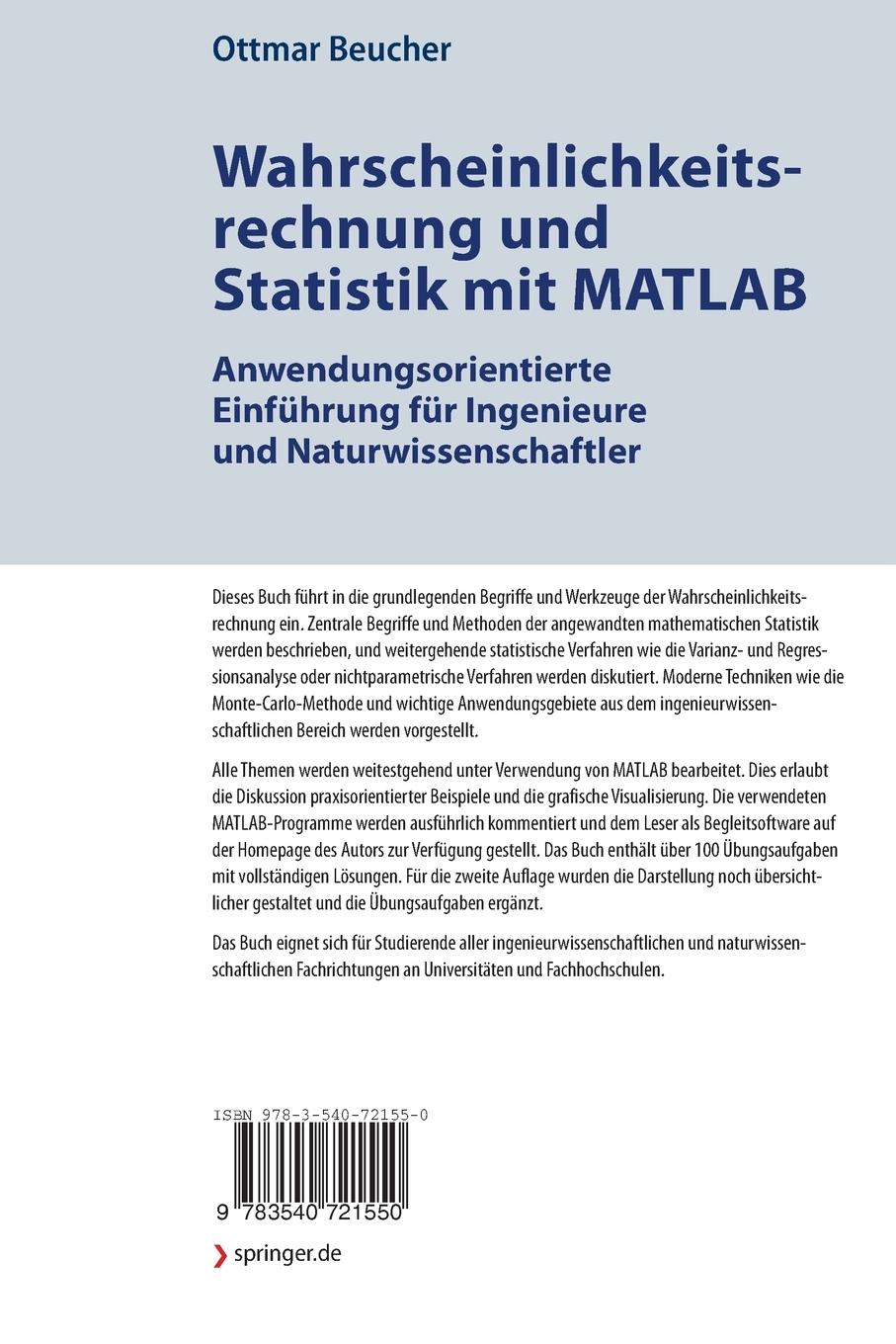 Rückseitencover Wahrscheinlichkeitsrechnung und Statistik mit MATLAB