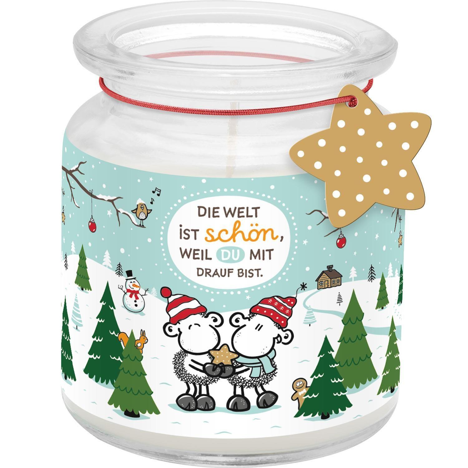 Vorderes Coverbild Kerze im Glas "Die Welt ist schön, weil du mit drauf bist"