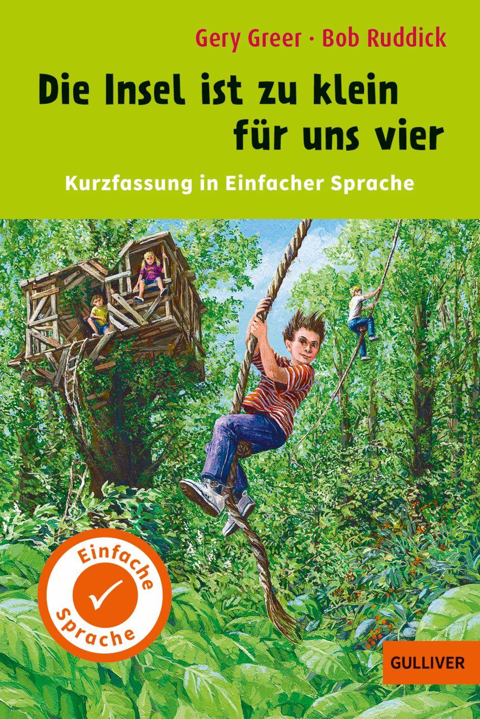 Vorderes Coverbild Kurzfassung in Einfacher Sprache. Die Insel ist zu klein für uns vier