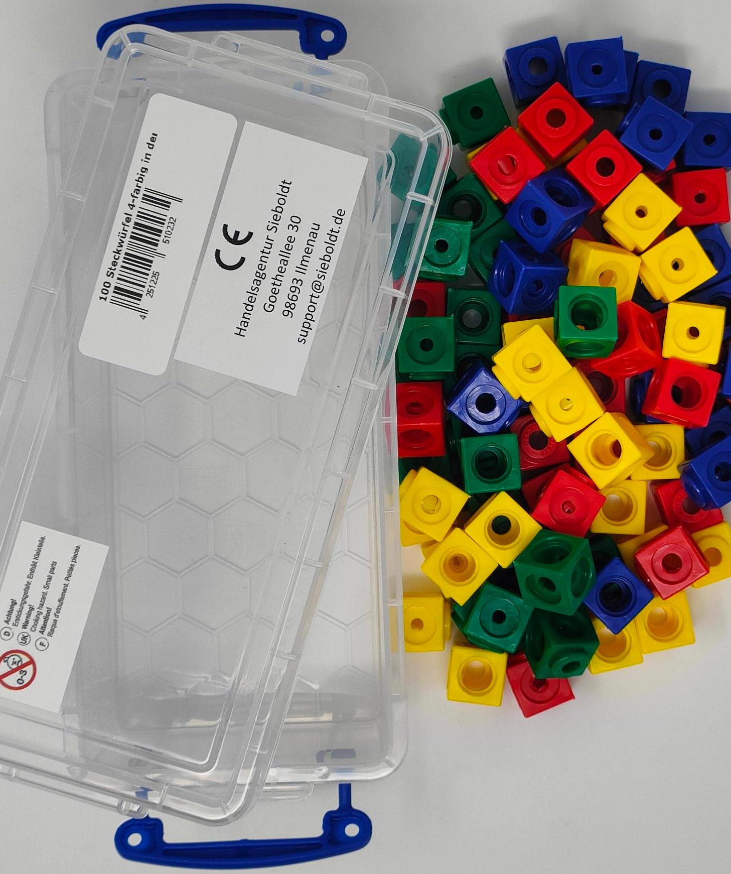 Beispielinhalt (Bild) 100 Steckwürfel 4- farbig 1,7cm in der Box