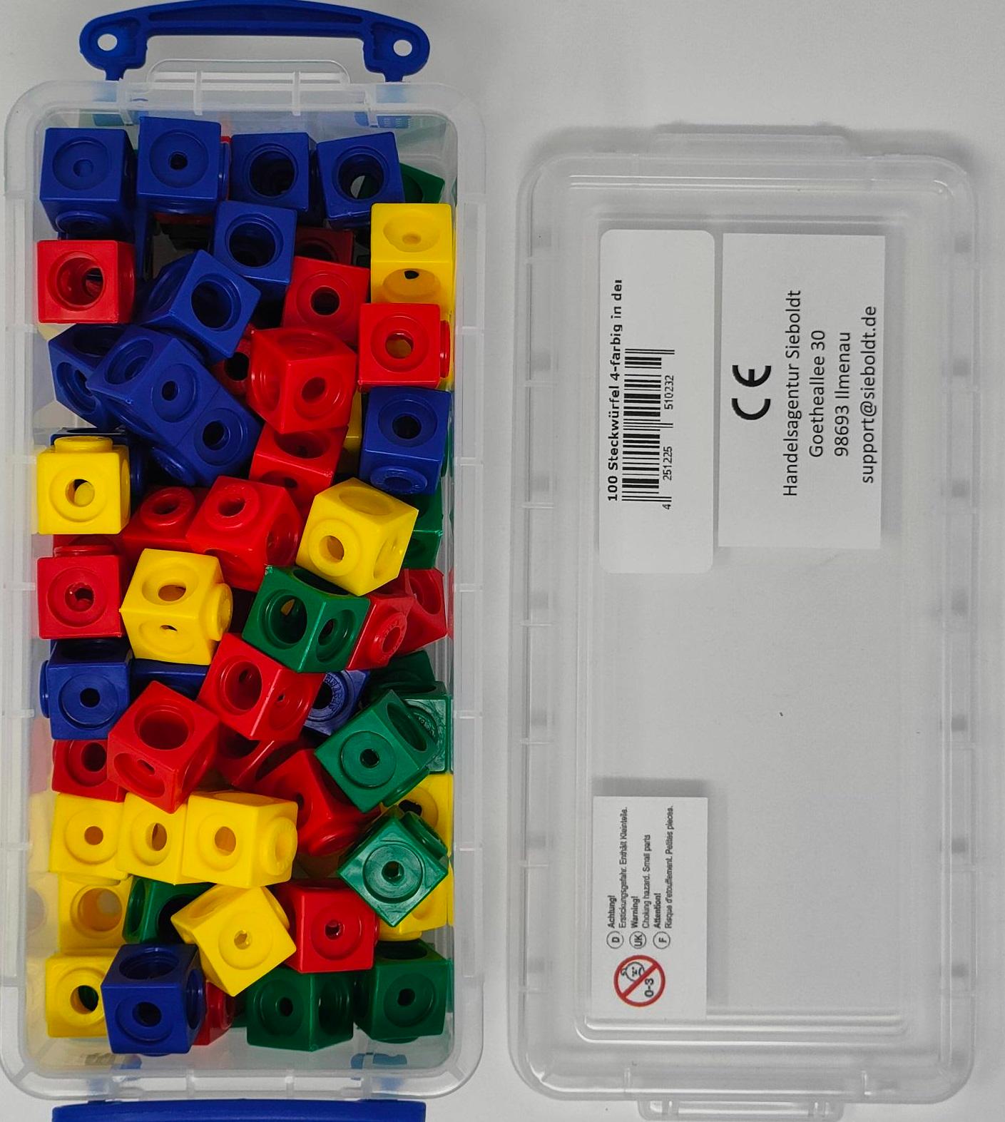 Vorderes Coverbild 100 Steckwürfel 4- farbig 1,7cm in der Box