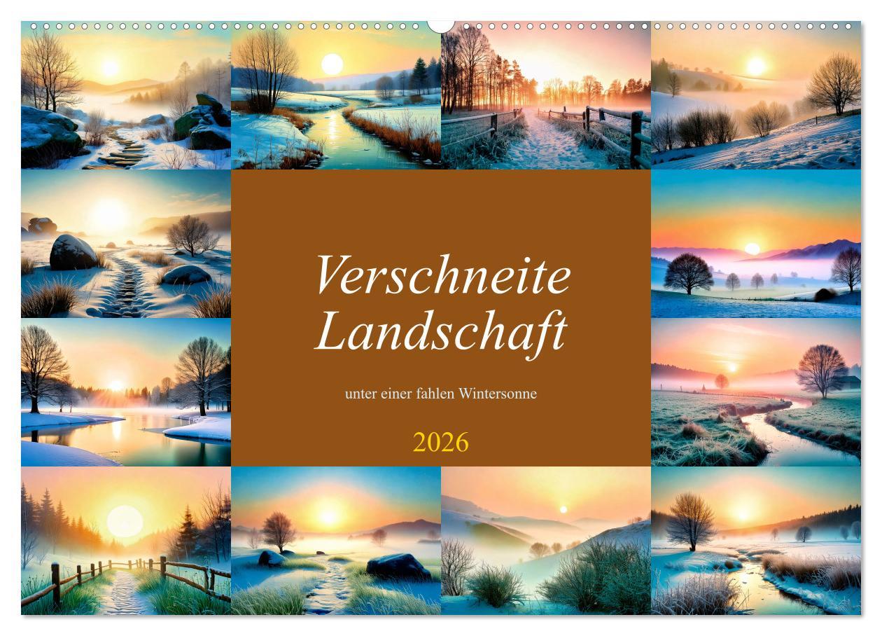 Vorderes Coverbild Verschneite Landschaft unter einer fahlen Wintersonne (Wandkalender 2026 DIN A2 quer), CALVENDO Monatskalender
