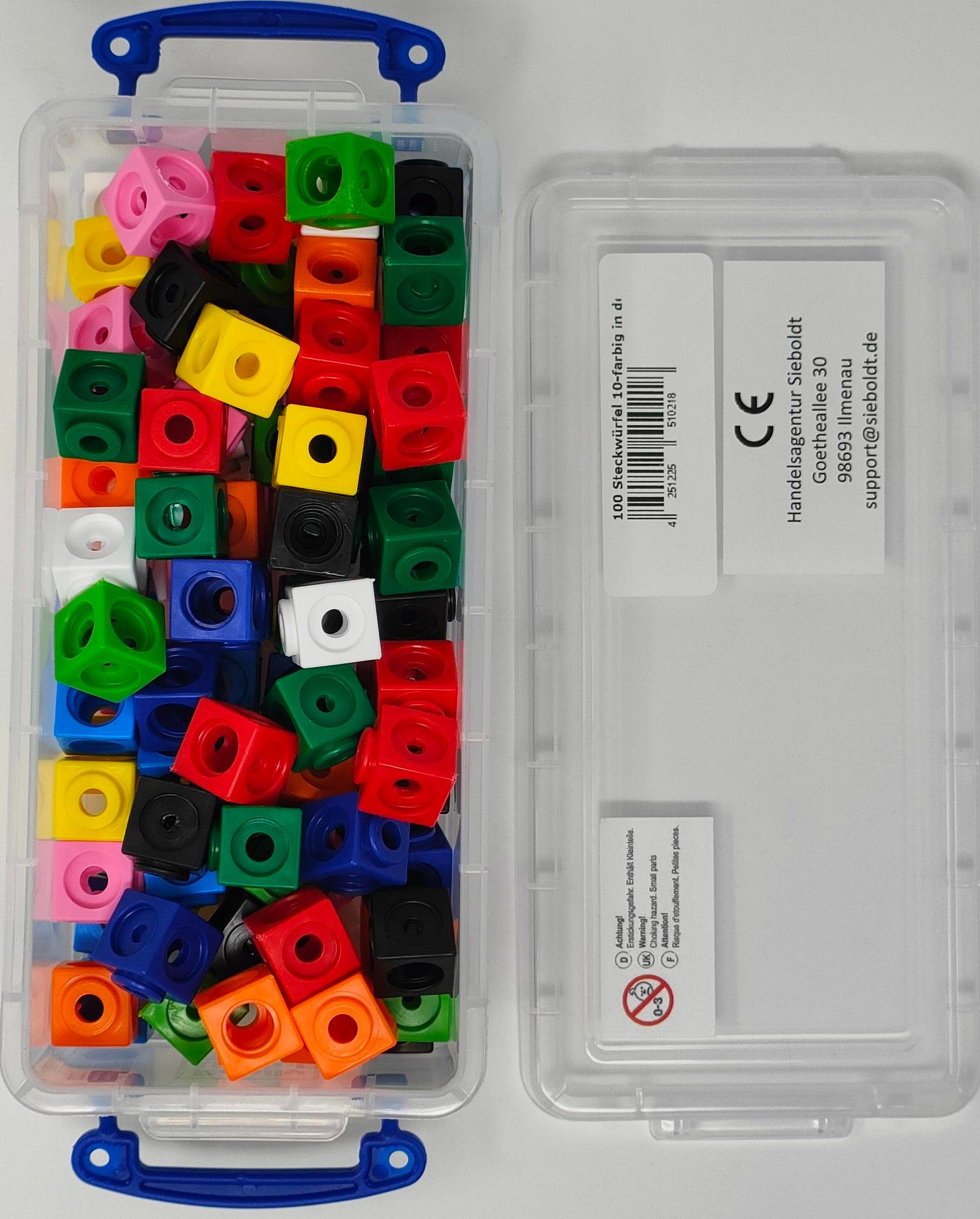 Vorderes Coverbild 100 Steckwürfel 10-farbig 1,7cm in der Box