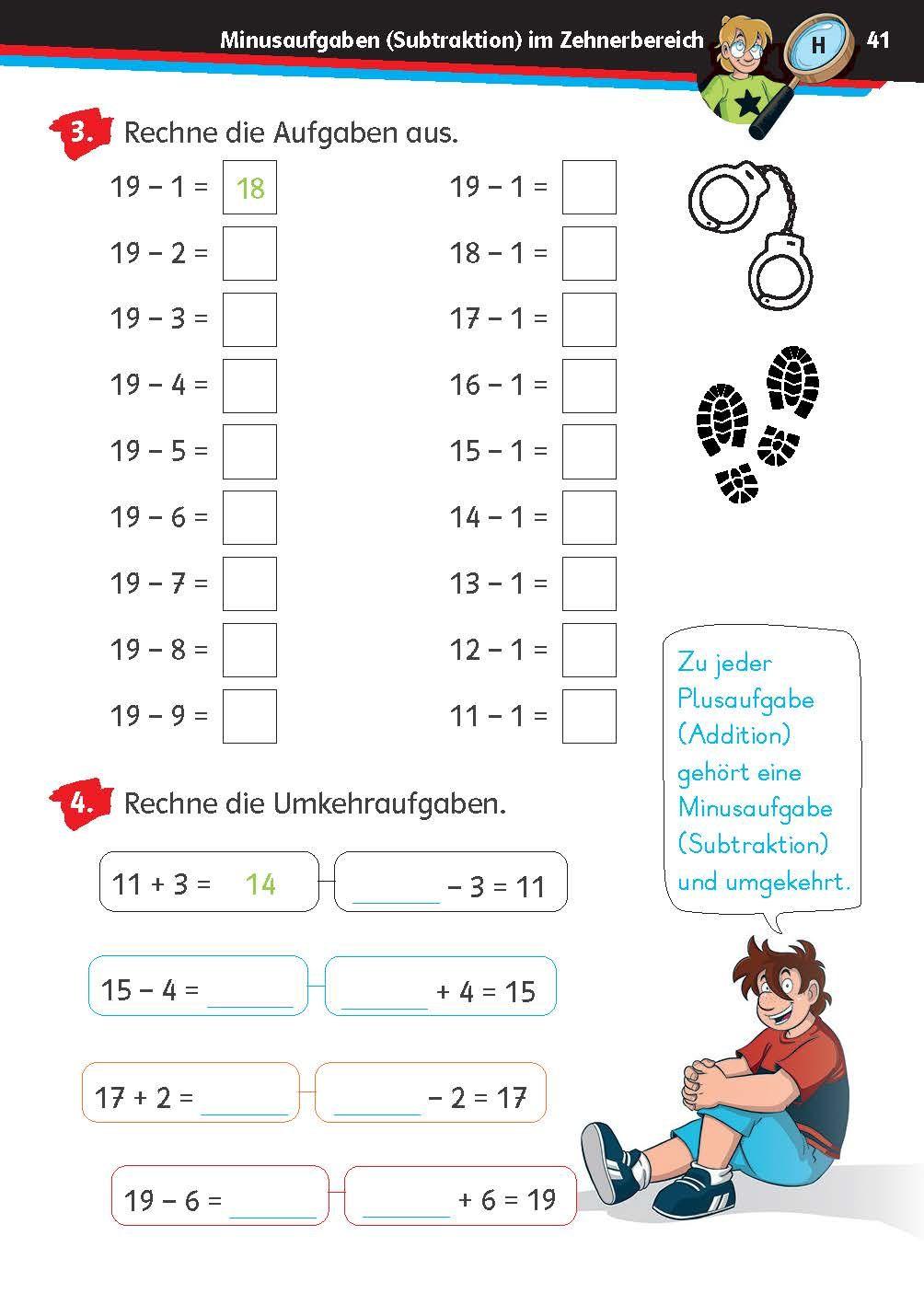 Beispielinhalt (Bild) Die drei ??? Kids: Mein Übungsheft Mathe 1. Klasse - Rechnen bis 20