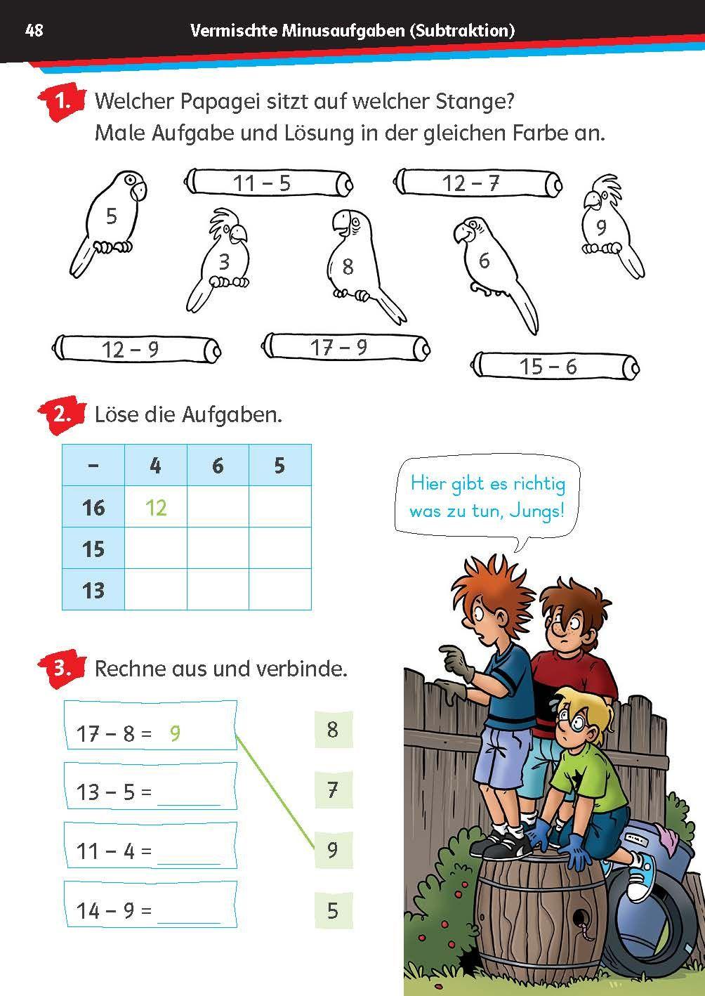 Beispielinhalt (Bild) Die drei ??? Kids: Mein Übungsheft Mathe 1. Klasse - Rechnen bis 20
