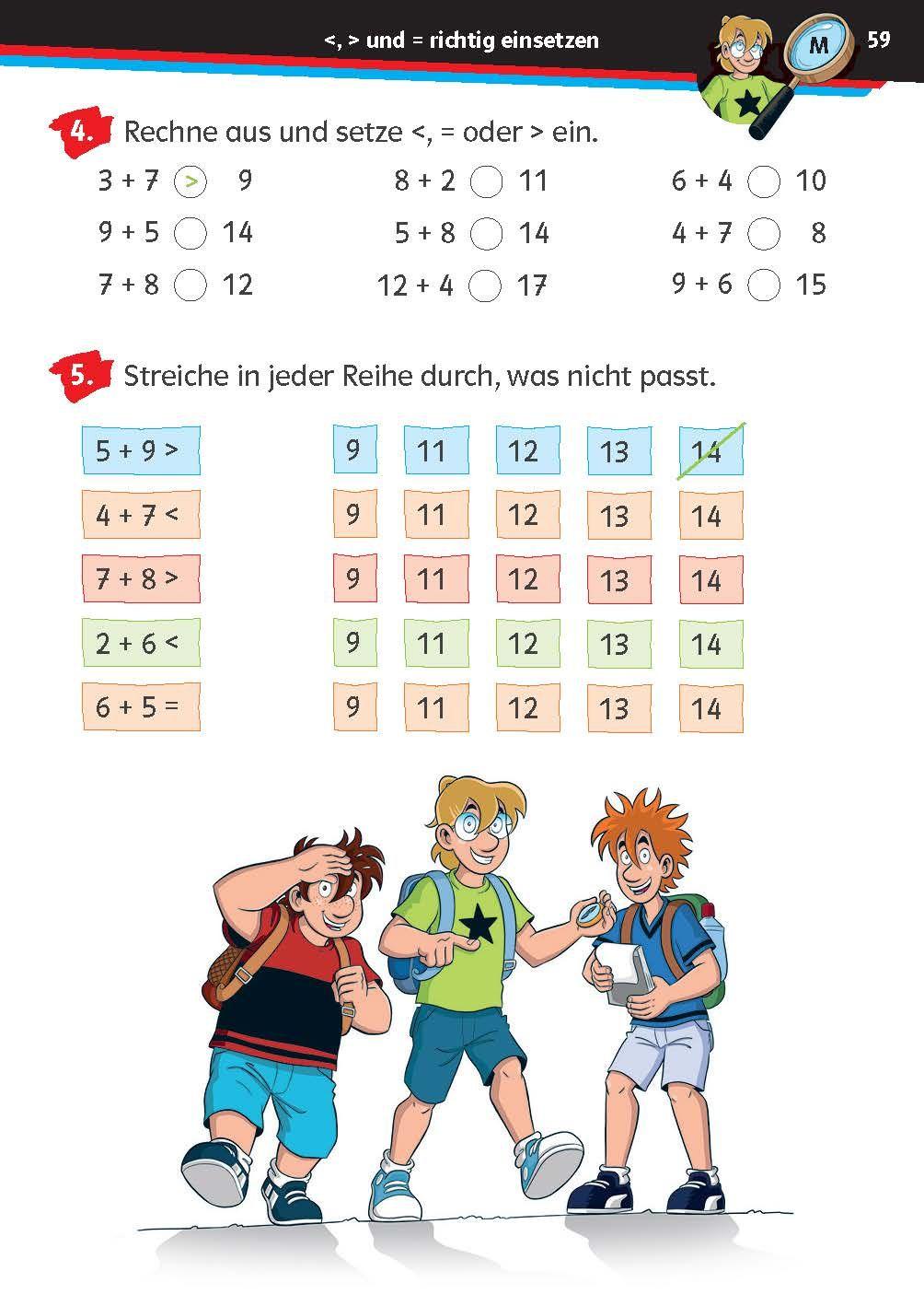 Beispielinhalt (Bild) Die drei ??? Kids: Mein Übungsheft Mathe 1. Klasse - Rechnen bis 20