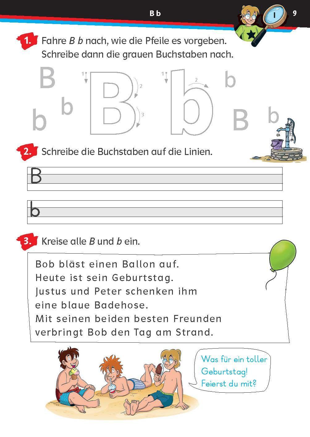 Beispielinhalt (Bild) Die drei ??? Kids: Mein Übungsheft Deutsch 1. Klasse - Schreiben lernen