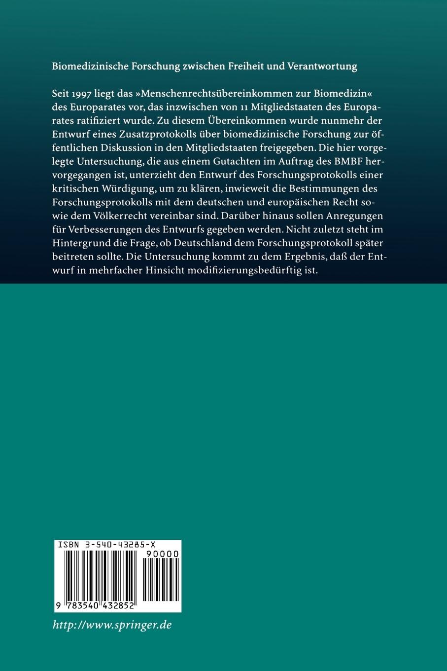 Rückseitencover Biomedizinische Forschung zwischen Freiheit und Verantwortung