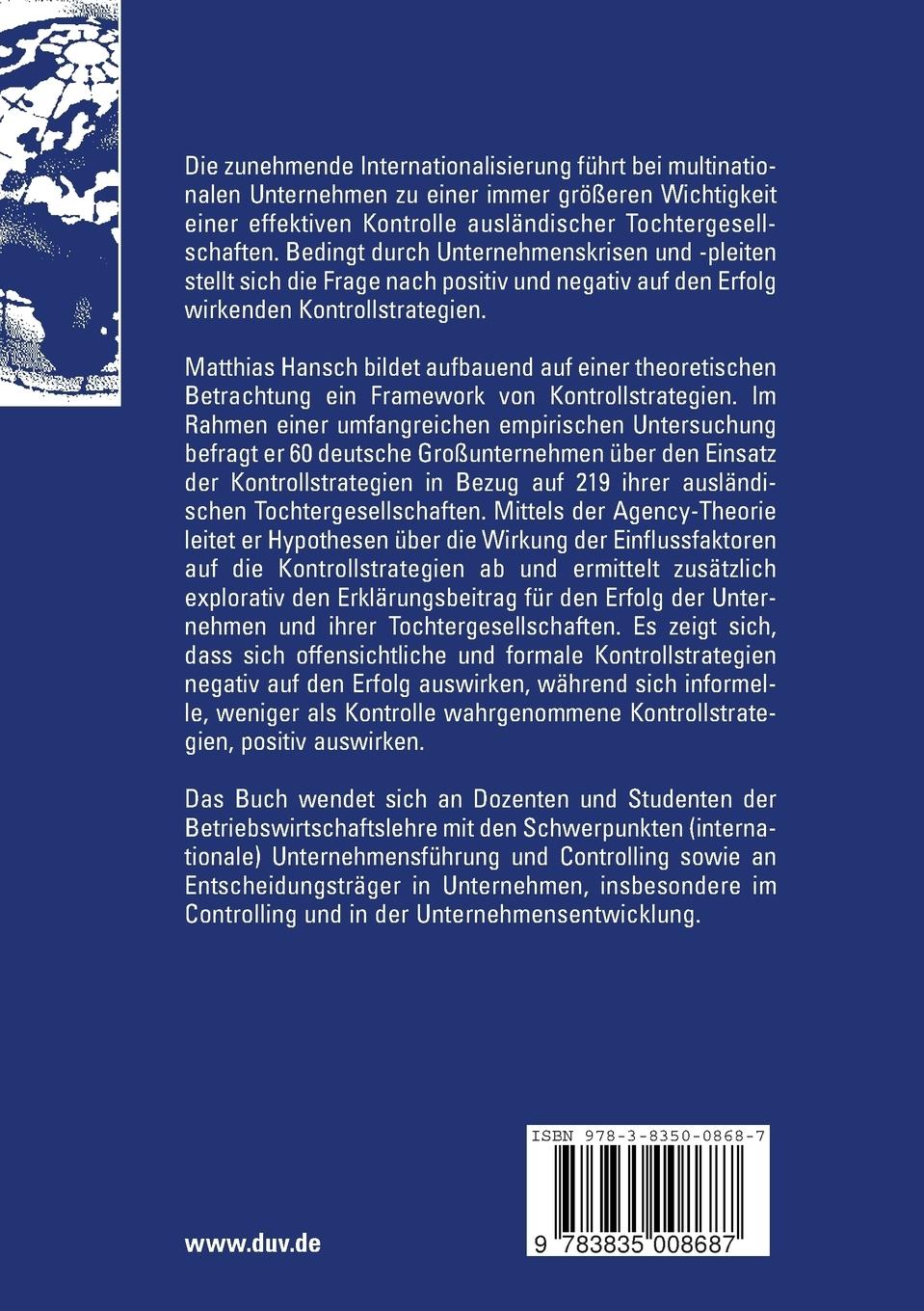 Rückseitencover Erfolgreiche Strategien zur Kontrolle ausländischer Tochtergesellschaften in multinationalen Unternehmen