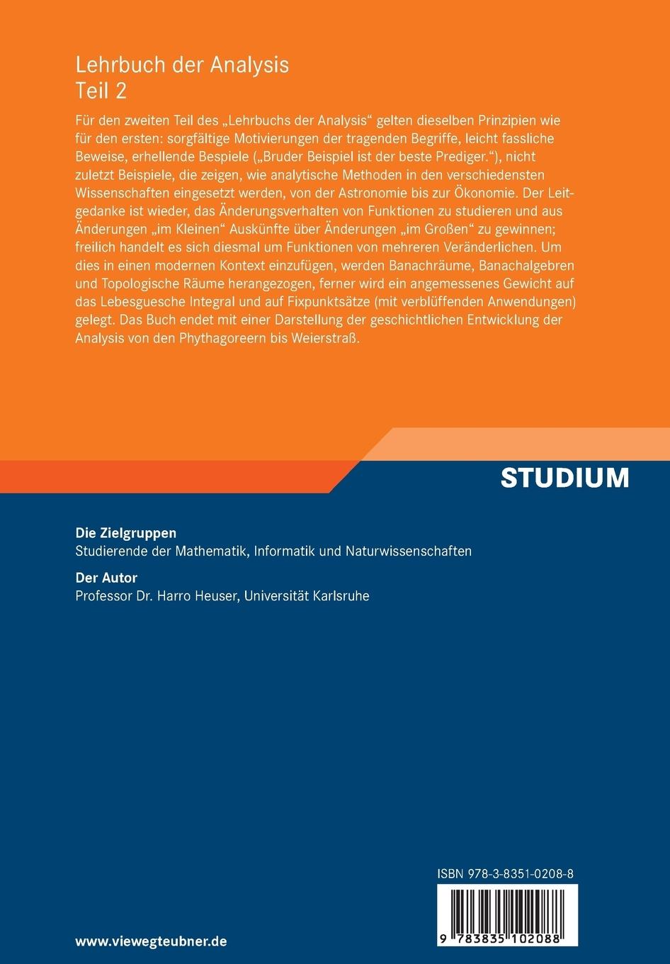 Rückseitencover Lehrbuch der Analysis. Teil 2