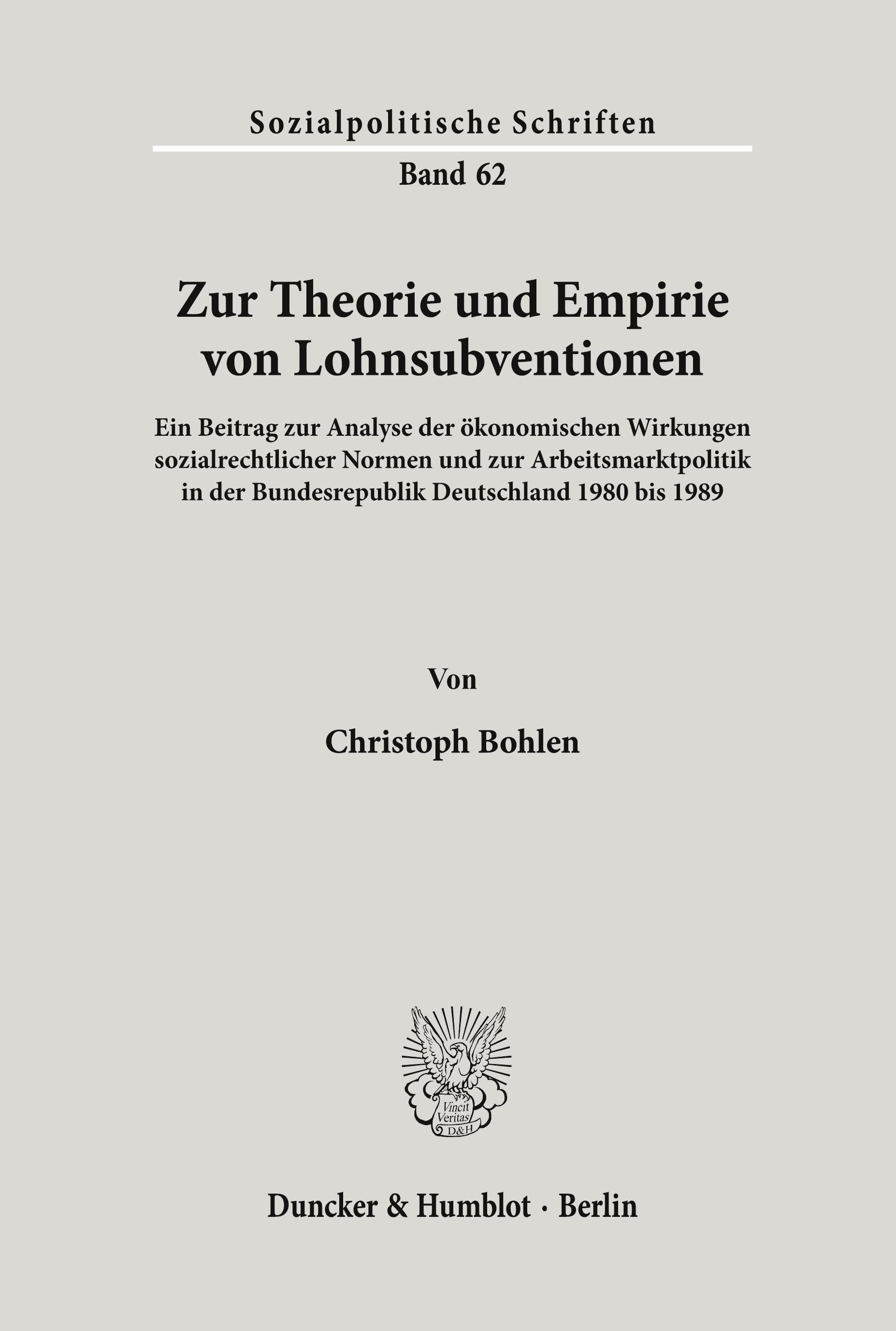 Vorderes Coverbild Zur Theorie und Empirie von Lohnsubventionen.