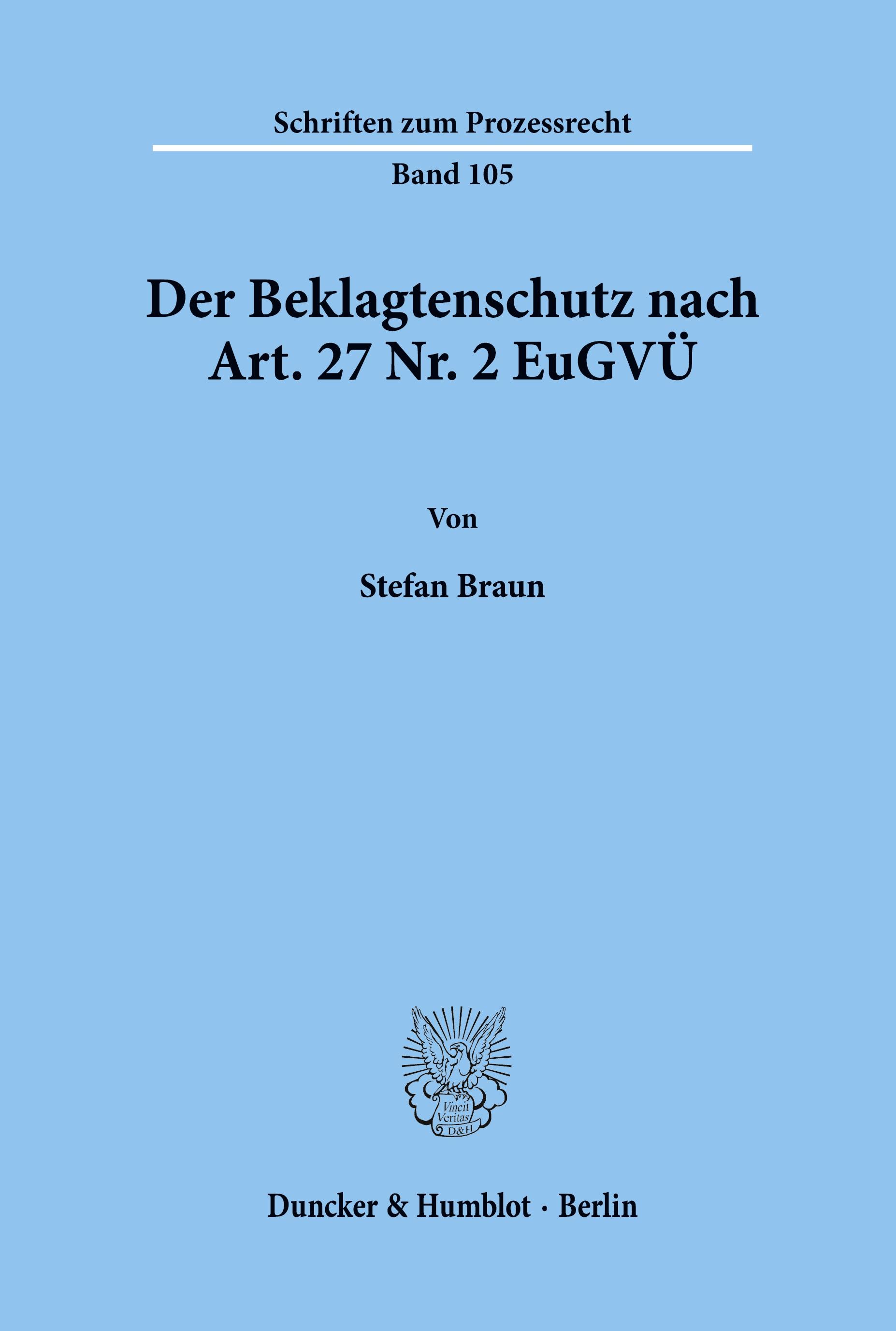 Vorderes Coverbild Der Beklagtenschutz nach Art. 27 Nr. 2 EuGVÜ.