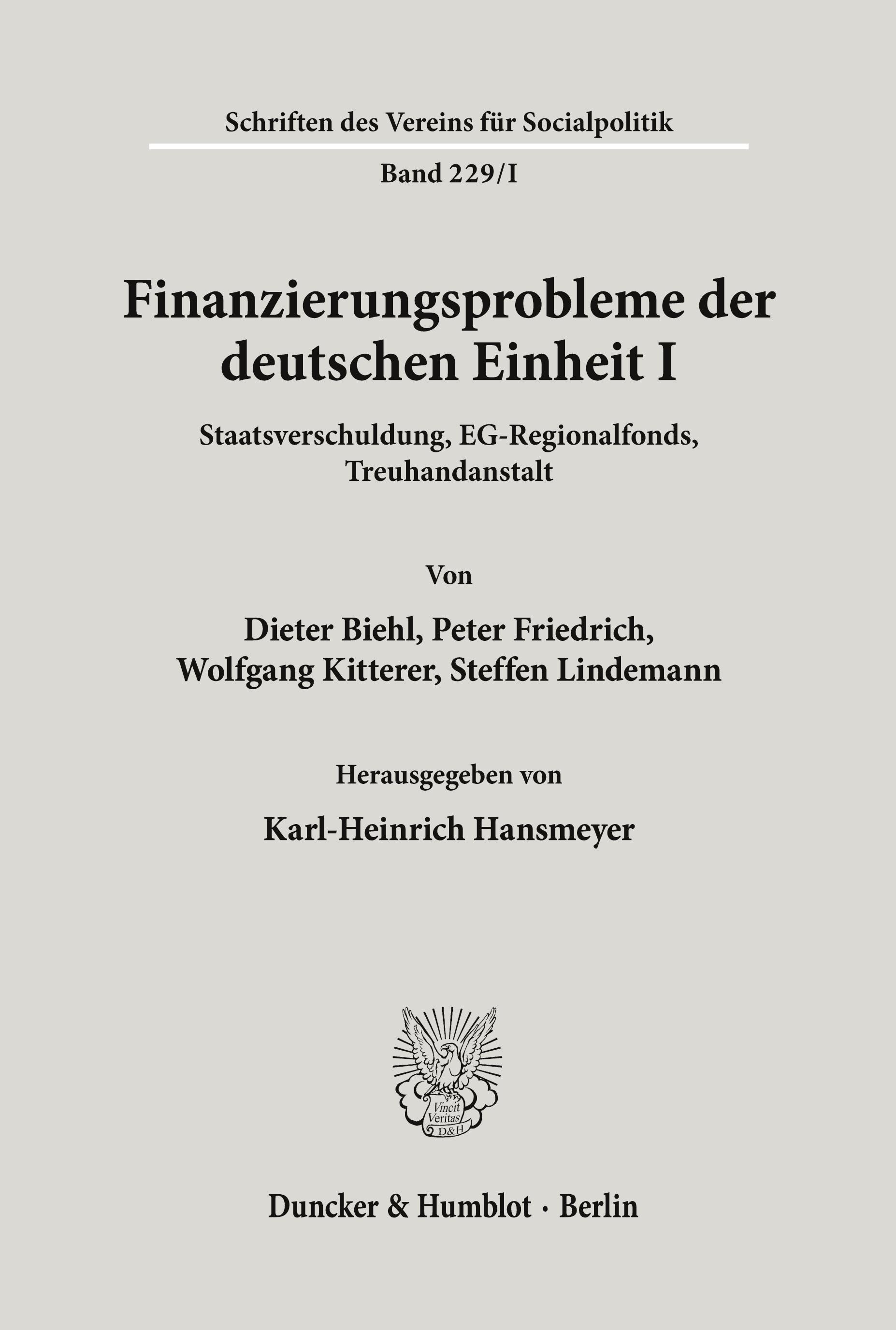 Vorderes Coverbild Finanzierungsprobleme der deutschen Einheit I.