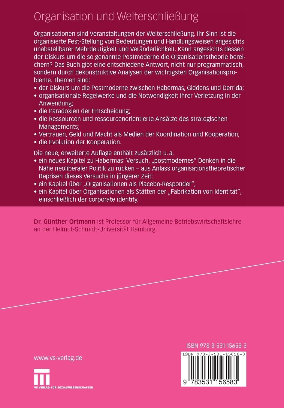 Rückseitencover Organisation und Welterschließung