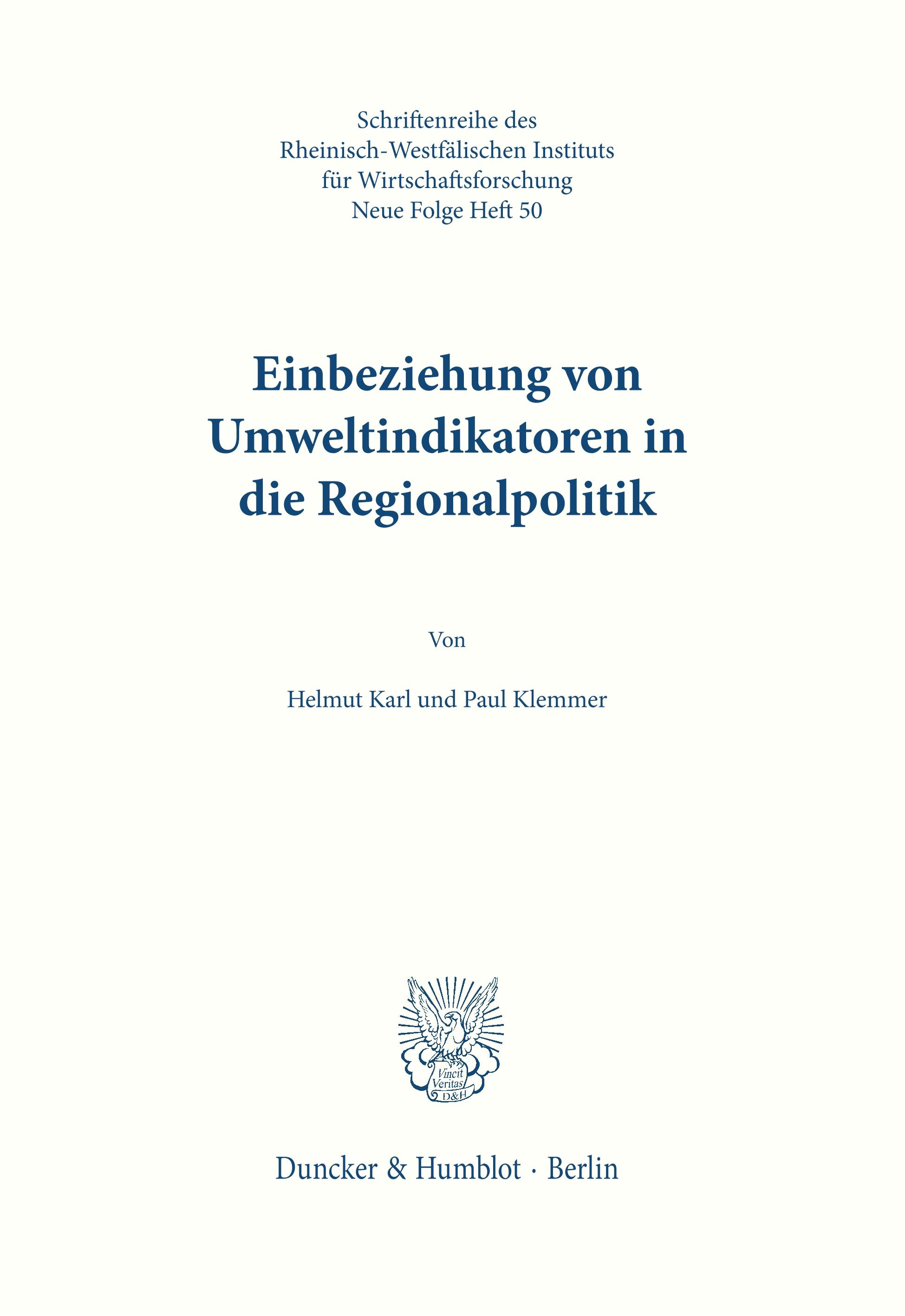 Vorderes Coverbild Einbeziehung von Umweltindikatoren in die Regionalpolitik.