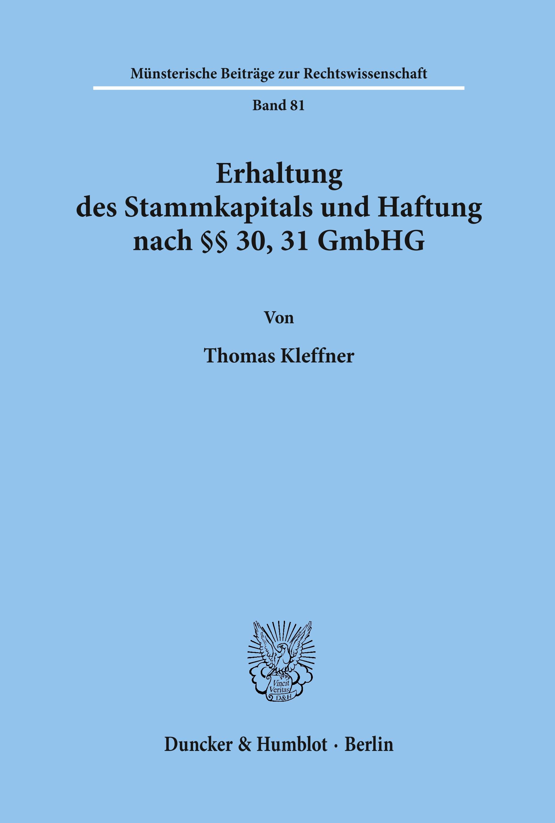 Vorderes Coverbild Erhaltung des Stammkapitals und Haftung nach §§ 30, 31 GmbHG.
