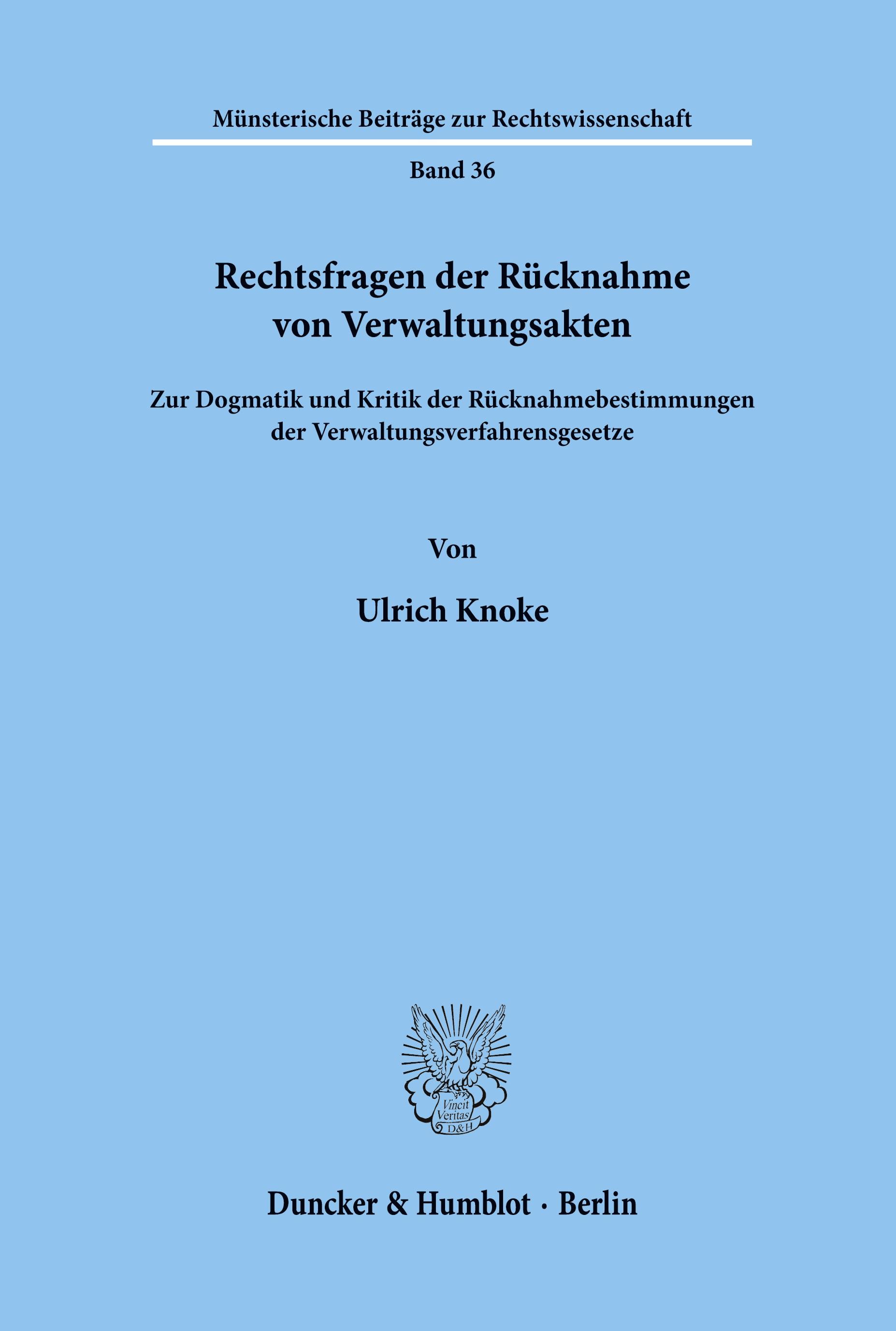 Vorderes Coverbild Rechtsfragen der Rücknahme von Verwaltungsakten.