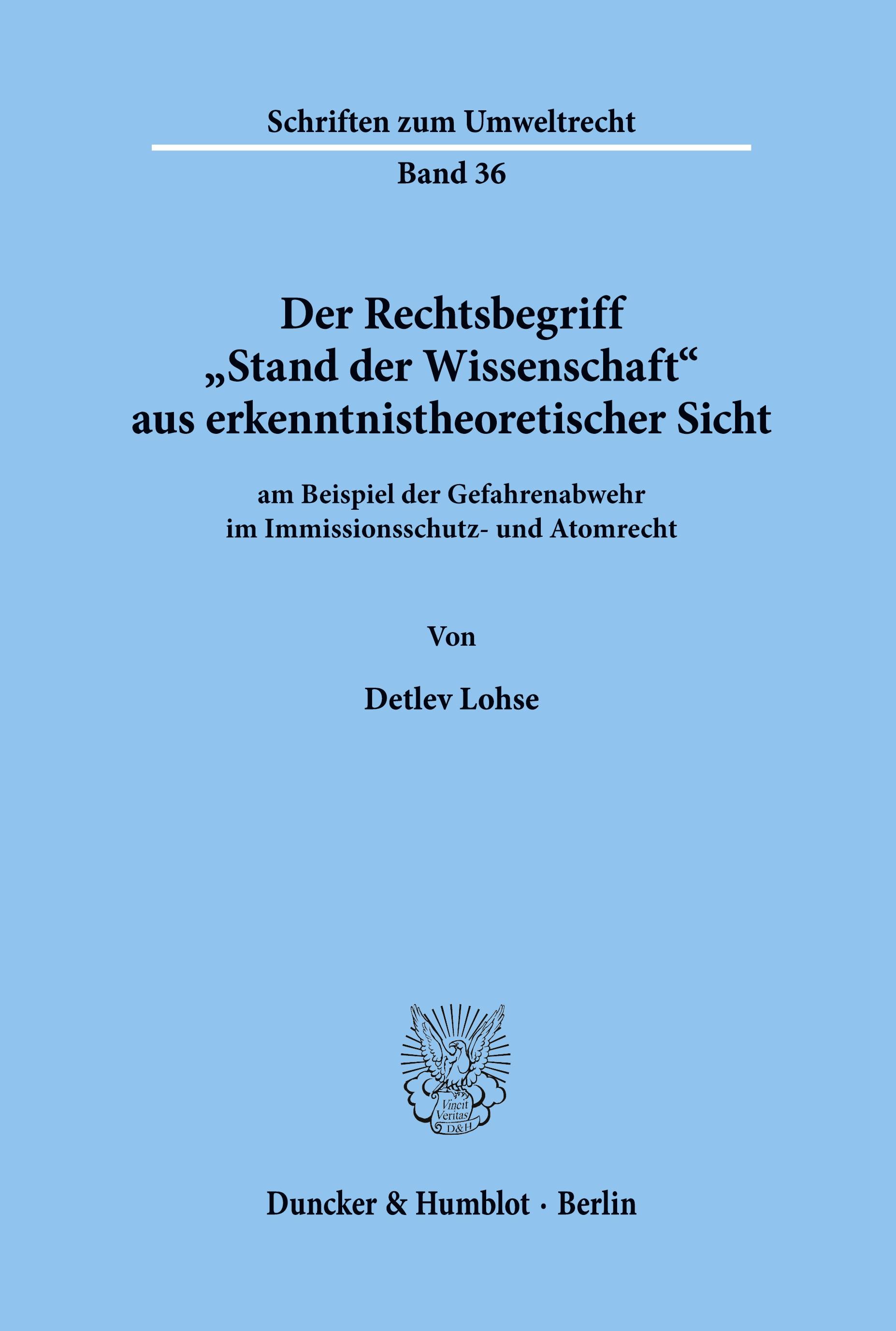 Vorderes Coverbild Der Rechtsbegriff "Stand der Wissenschaft' aus erkenntnistheoretischer Sicht