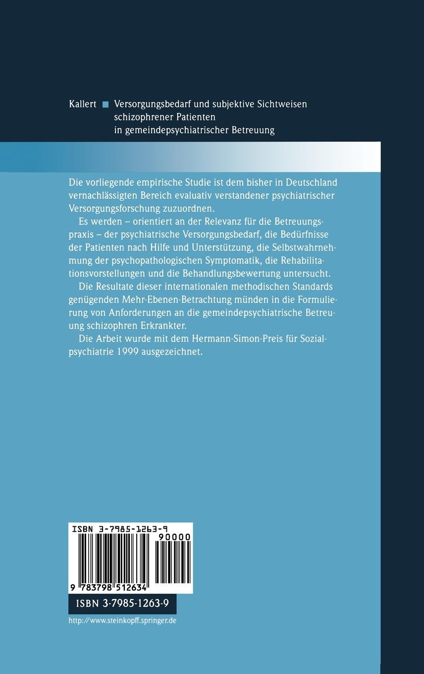Rückseitencover Versorgungsbedarf und subjektive Sichtweisen schizophrener Patienten in gemeindepsychiatrischer Betreuung