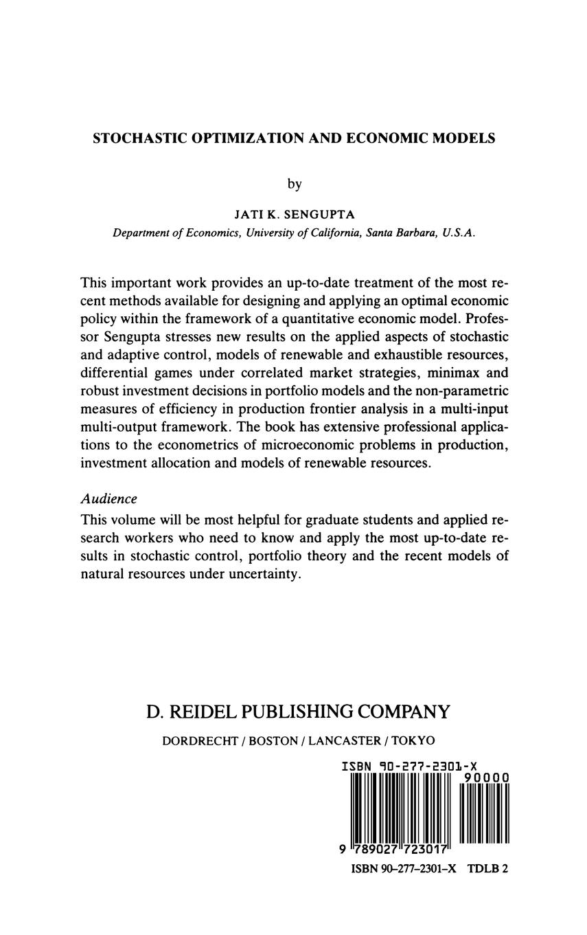 Rückseitencover Stochastic Optimization and Economic Models