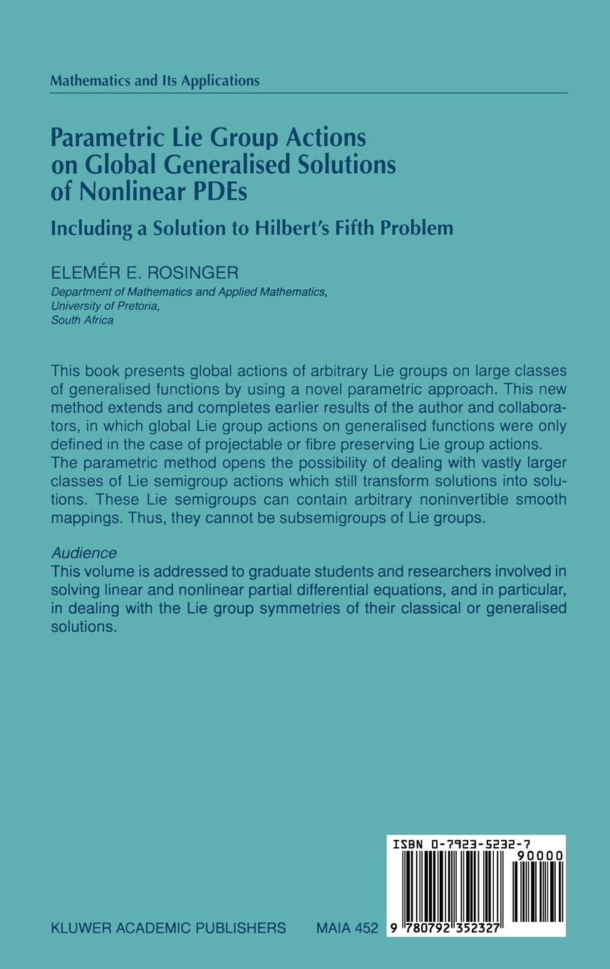 Rückseitencover Parametric Lie Group Actions on Global Generalised Solutions of Nonlinear PDEs