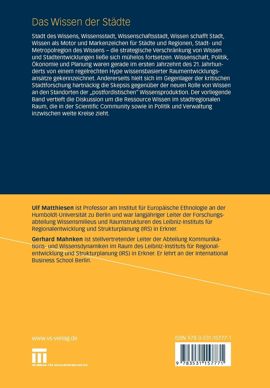 Rückseitencover Das Wissen der Städte