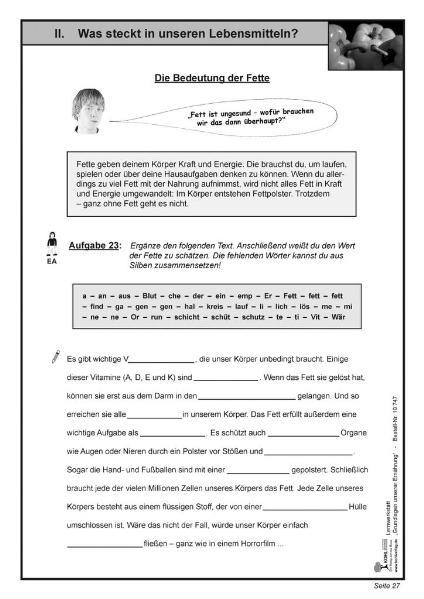 Beispielinhalt (Bild) Lernwerkstatt - Grundlagen unserer Ernährung