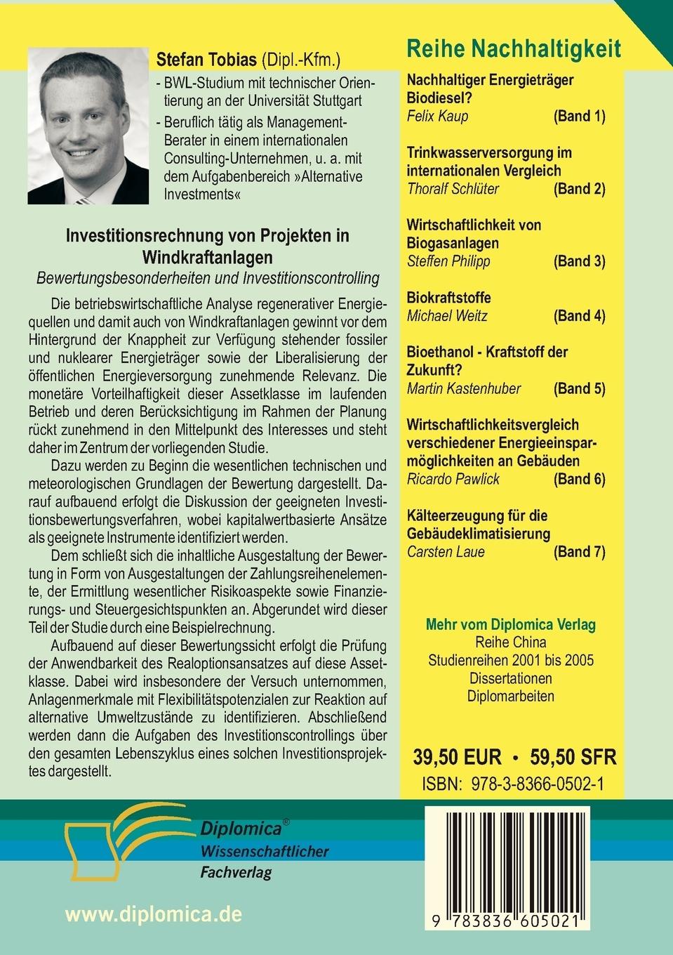 Rückseitencover Investitionsrechnung von Projekten in Windkraftanlagen