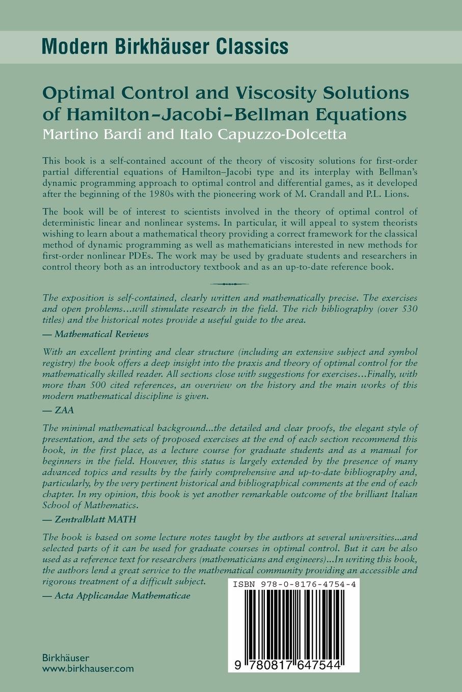 Rückseitencover Optimal Control and Viscosity Solutions of Hamilton-Jacobi-Bellman Equations