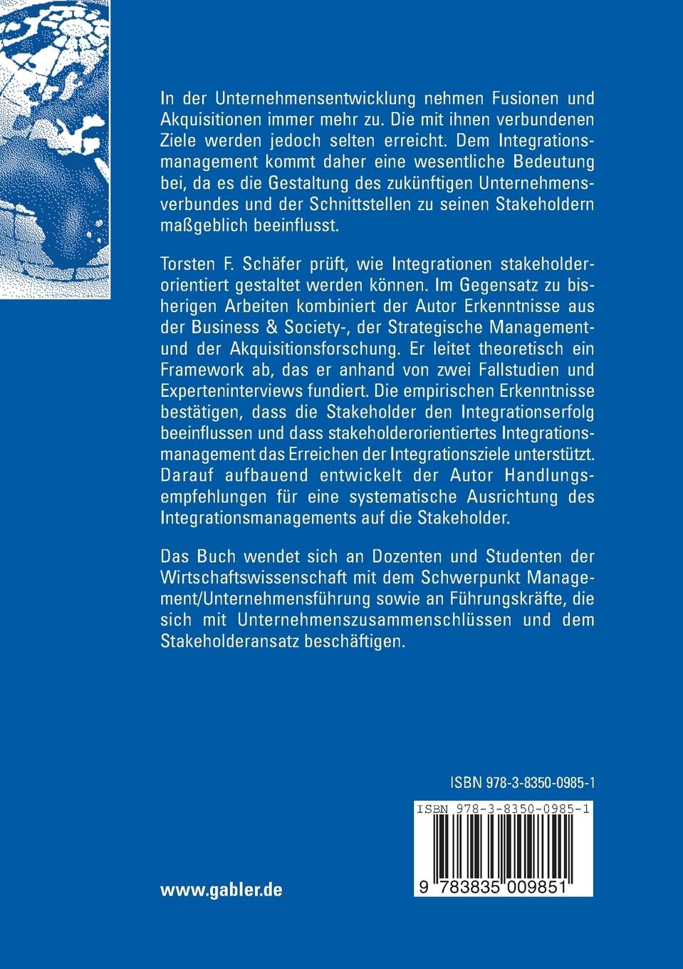Rückseitencover Stakeholderorientiertes Integrationsmanagement bei Fusionen und Akquisitionen