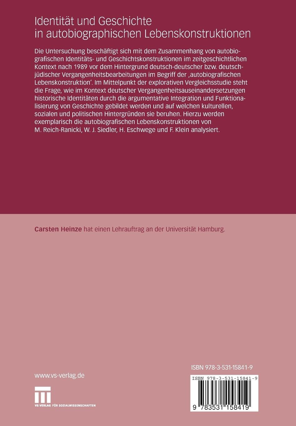 Rückseitencover Identität und Geschichte in autobiographischen Lebenskonstruktionen