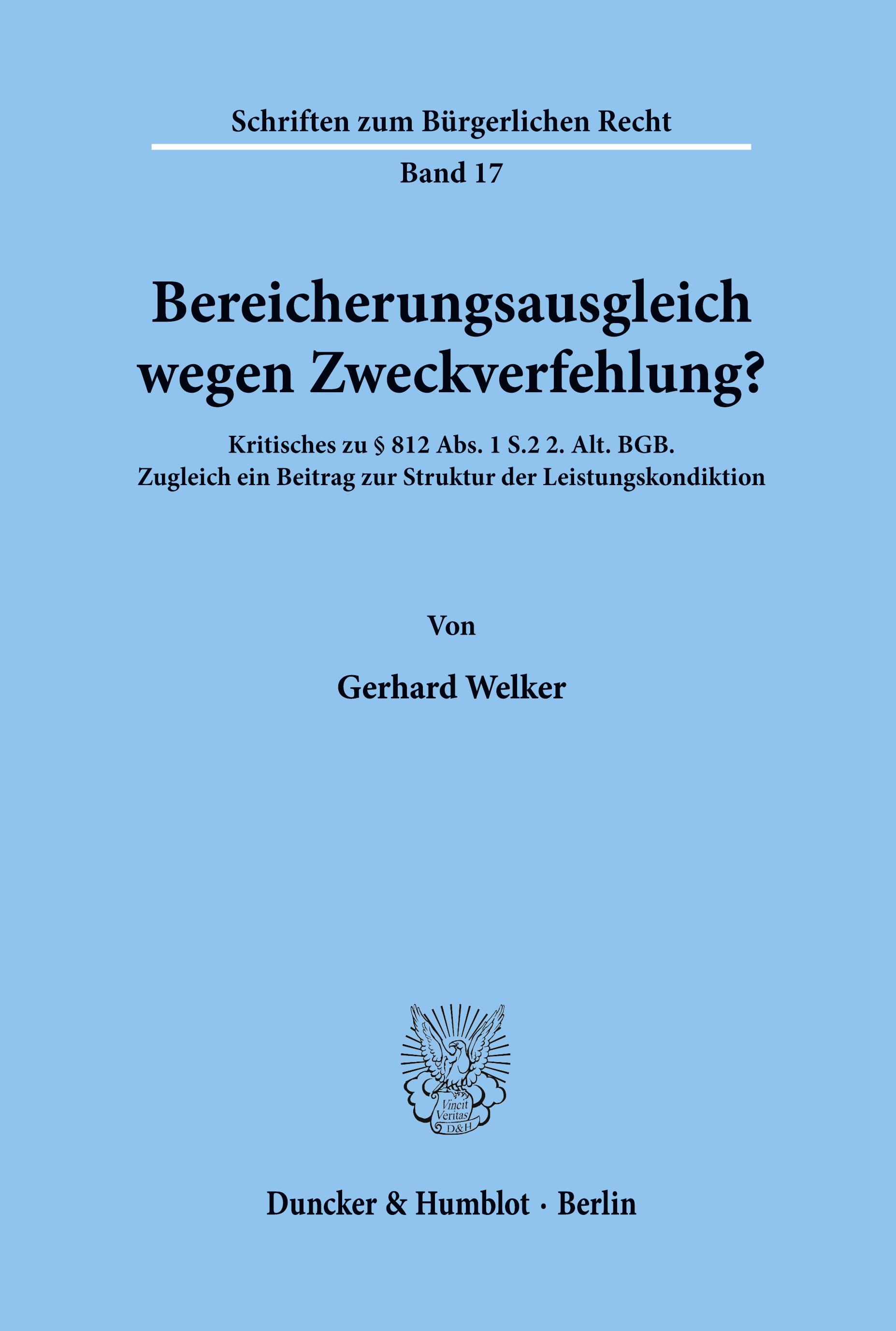 Vorderes Coverbild Bereicherungsausgleich wegen Zweckverfehlung?