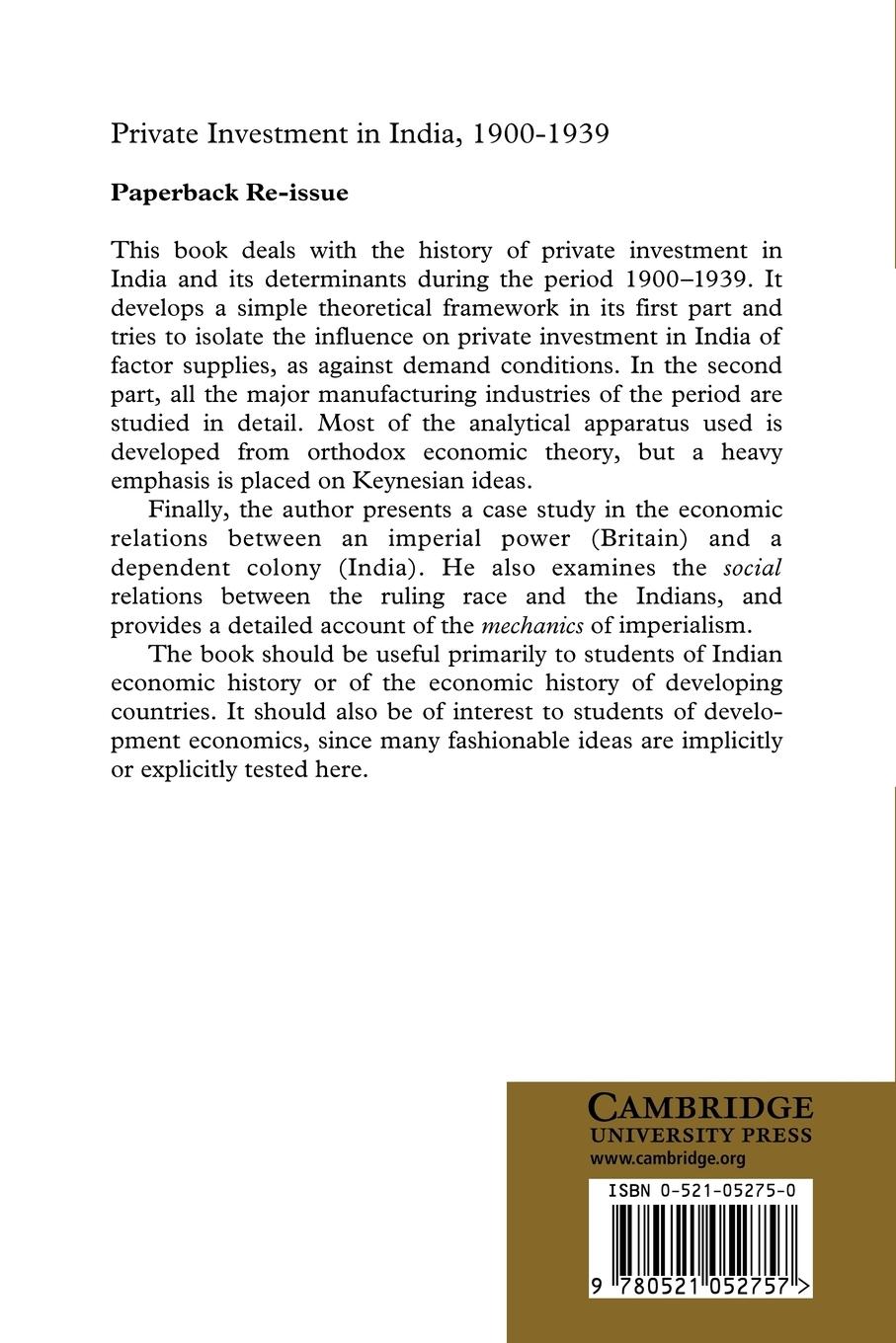 Rückseitencover Private Investment in India 1900 1939