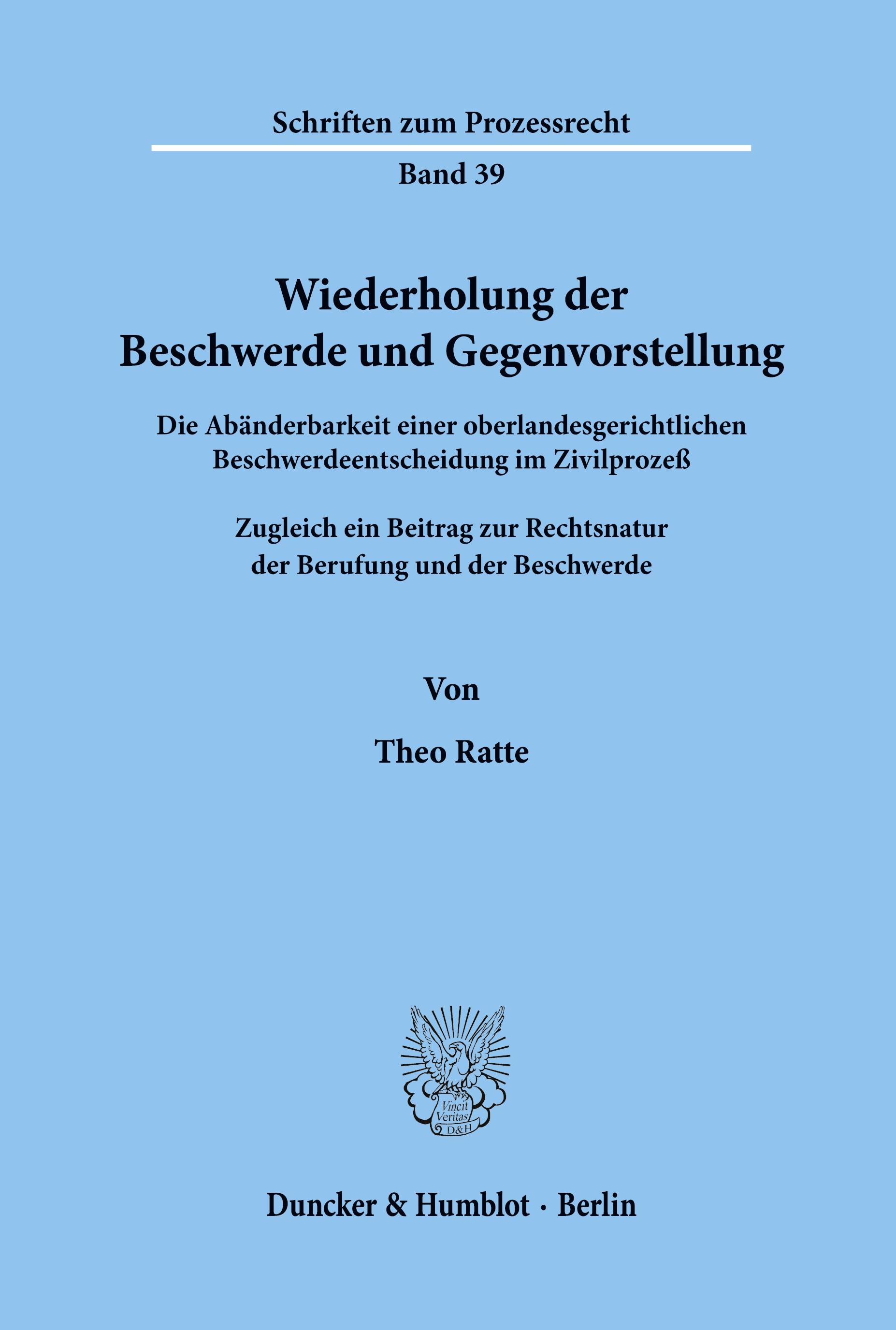 Vorderes Coverbild Wiederholung der Beschwerde und Gegenvorstellung.