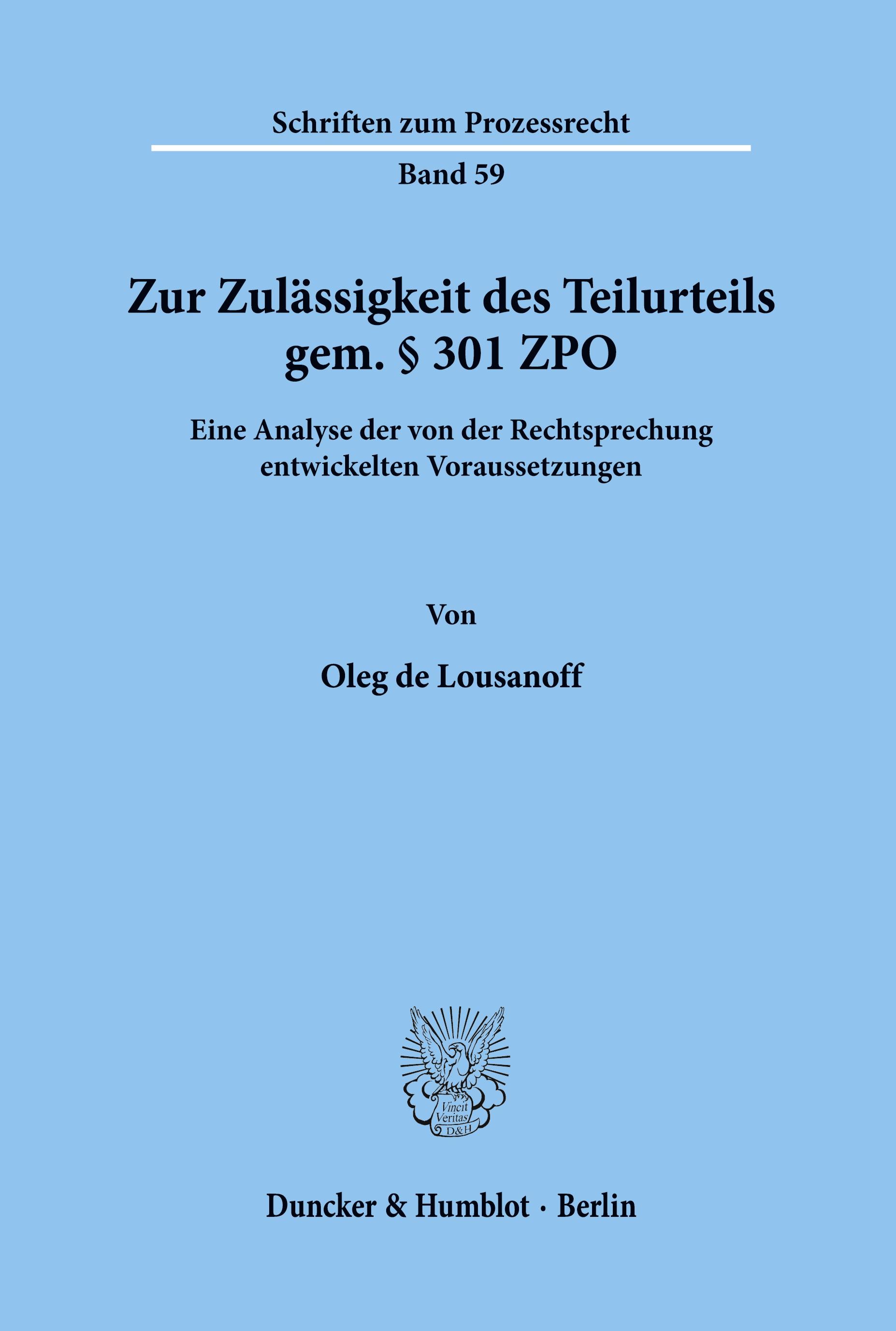 Vorderes Coverbild Zur Zulässigkeit des Teilurteils gem. § 301 ZPO.