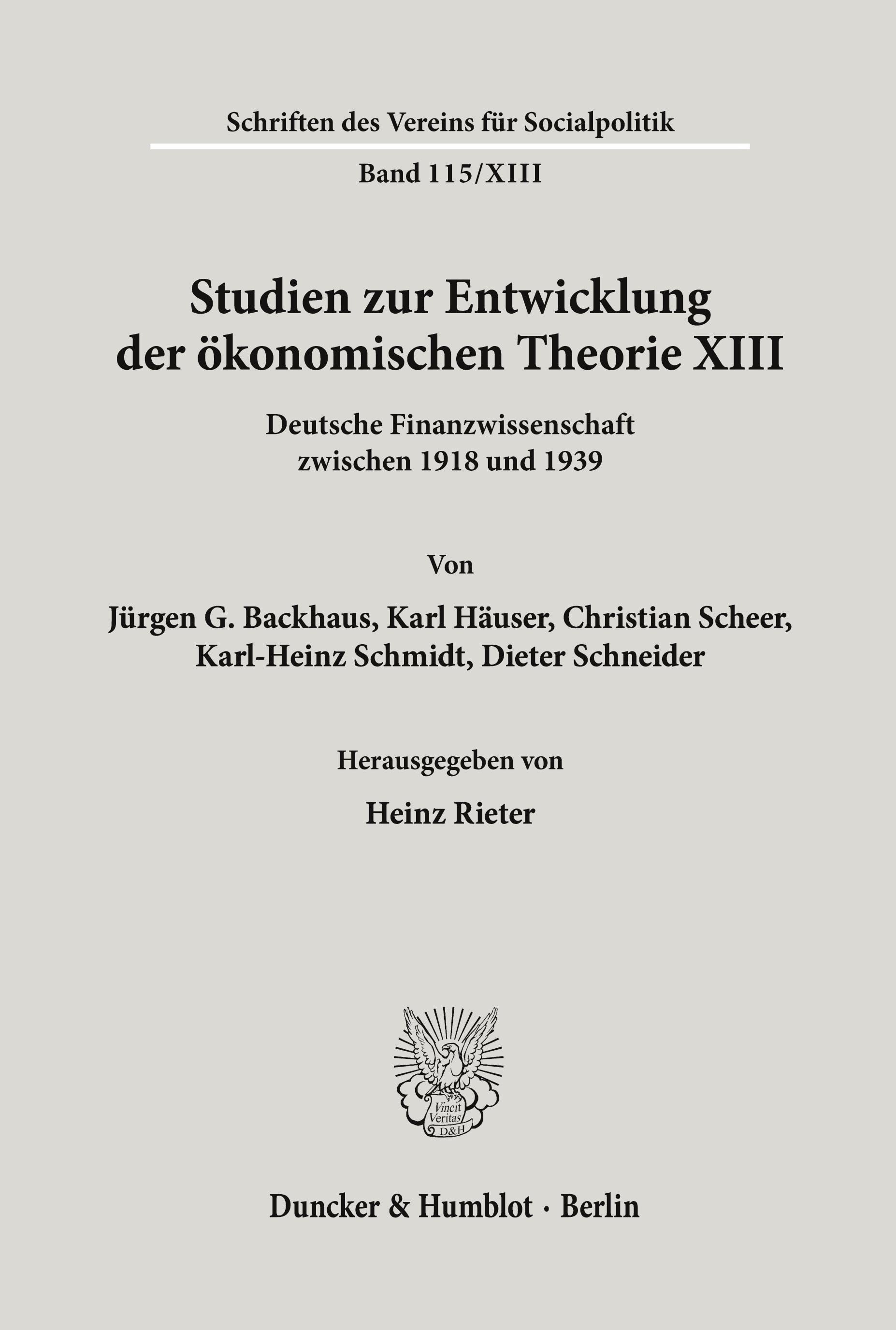 Vorderes Coverbild Studien zur Entwicklung der ökonomischen Theorie XIII.