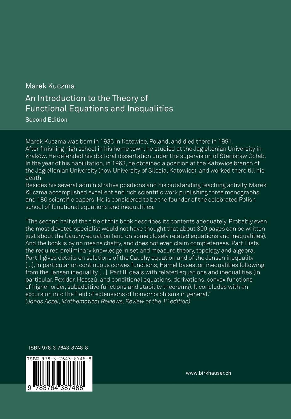Rückseitencover An Introduction to the Theory of Functional Equations and Inequalities