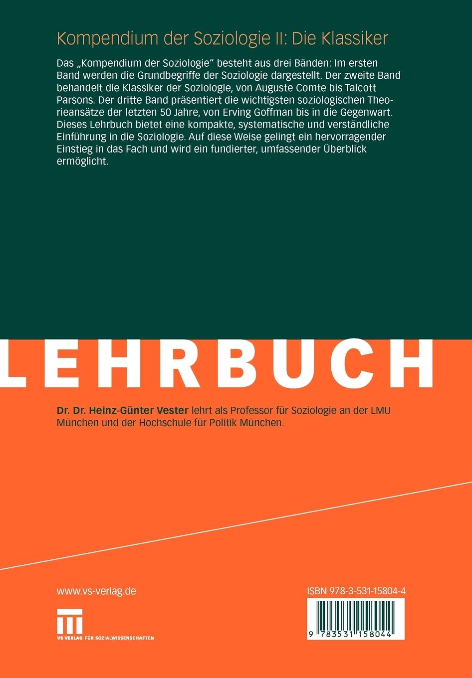 Rückseitencover Kompendium der Soziologie II: Die Klassiker