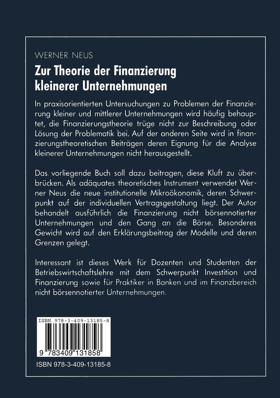 Rückseitencover Zur Theorie der Finanzierung kleinerer Unternehmungen