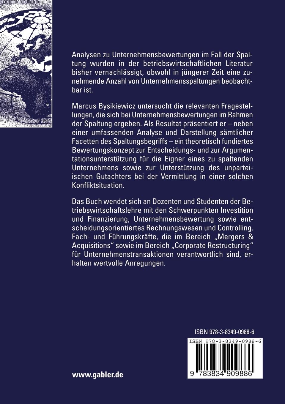 Rückseitencover Unternehmensbewertung bei der Spaltung