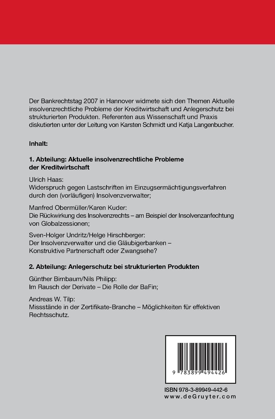 Rückseitencover Aktuelle insolvenzrechtliche Probleme der Kreditwirtschaft. Anlegerschutz bei strukturierten Produkten
